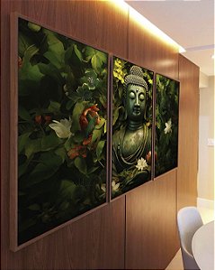 Trio de Quadros Buda Pedra Verde Folhagem e Flores de Lótus Canvas Moldura
