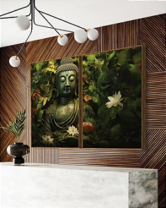 Duo de Quadros Buda Pedra Verde Folhagem e Flores de Lótus Canvas Moldura