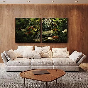 Duo de Quadros Quadrados Buda Pedra Verde Folhagem e Flores de Lótus Canvas Moldura