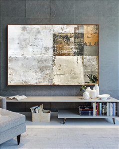 Quadro Horizontal Abstrato Tons Neutros Bege Cinza Concreto Laranja Canvas Moldura