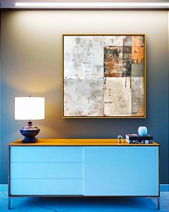 Quadro Quadrado Abstrato Tons Neutros Bege Cinza Concreto Laranja Canvas Moldura