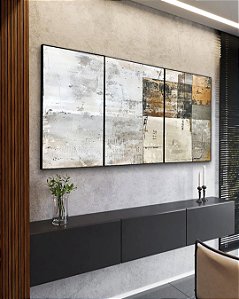 Trio de Quadros Abstrato Tons Neutros Bege Cinza Concreto Laranja Canvas Moldura