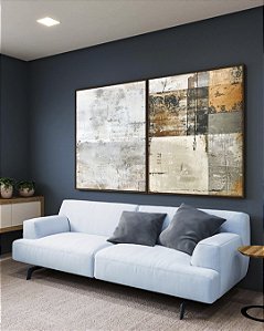 Duo de Quadros Abstrato Tons Neutros Bege Cinza Concreto Laranja Canvas Moldura