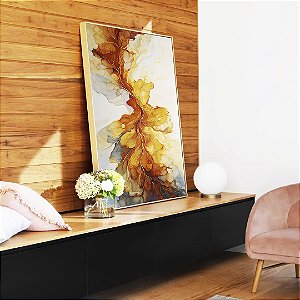 Quadro Vertical Arte Fluida Pouring Amarelo Dourado Cinza Canvas Moldura