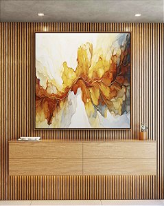 Quadro Quadrado Arte Fluida Pouring Amarelo Dourado Cinza Canvas Moldura