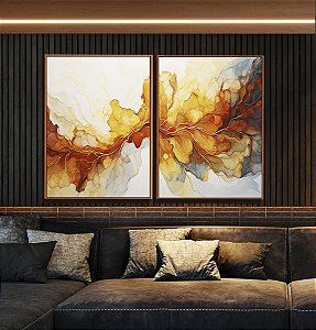Duo de Quadros Arte Fluida Pouring Amarelo Dourado Cinza Canvas Moldura