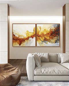 Duo de Quadros Quadrados Arte Fluida Pouring Amarelo Dourado Cinza Canvas Moldura