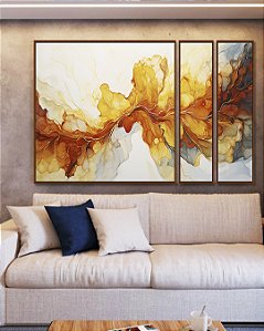 Trio de Quadros Estilizados Vertical Arte Fluida Pouring Amarelo Dourado Cinza Canvas Moldura