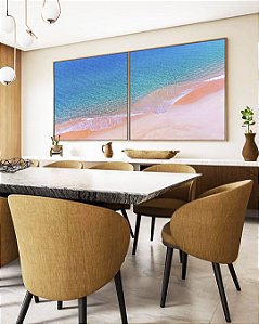 Duo de Quadros Quadrados Praia Areia Clara Mar Azul Turquesa Canvas Moldura