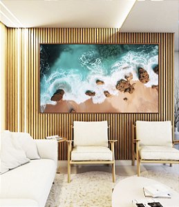 Quadro Horizontal Praia Turquesa Pedras e Areia Canvas Moldura