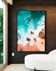 Quadro Vertical Praia Turquesa Pedras e Areia Canvas Moldura