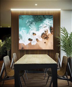 Quadro Quadrado Praia Turquesa Pedras e Areia Canvas Moldura