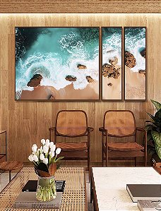Trio de Quadros Estilizados Praia Turquesa Pedras e Areia Canvas Moldura