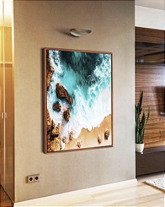 Quadro Vertical Mar Turquesa Praia e Pedras Canvas Moldura