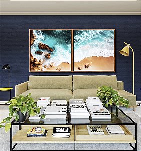 Duo de Quadros Quadrados Mar Turquesa Praia e Pedras Natureza Canvas Moldura