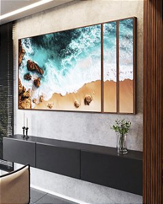 Trio de Quadros Estilizados Mar Turquesa Praia e Pedras Canvas Moldura