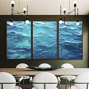 Trio de Quadros Mar Azul Cristalino Ondulado Oceano Canvas Moldura