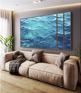Trio de Quadros Estilizados Mar Azul Cristalino Ondulado Oceano Canvas Moldura