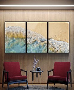 Trio de Quadros Litoral Praia e Mar Turquesa Calmo Canvas Moldura