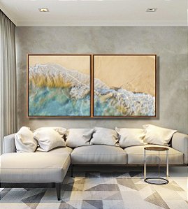 Duo de Quadros Quadrados Litoral Praia e Mar Turquesa Calmo Canvas Moldura