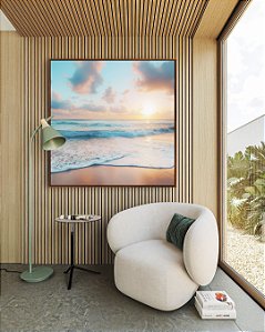 Quadro Quadrado Nascer do Sol Praia Céu Mar Turquesa Canvas Moldura