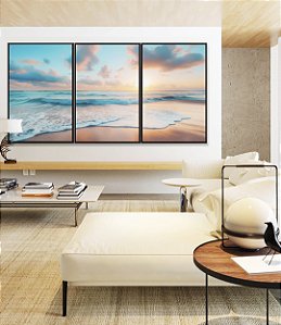 Trio de Quadros Nascer do Sol Praia Céu Mar Turquesa Canvas Moldura