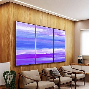Trio de Quadros Abstrato Roxo Lilás Azul Efeito Pintura Canvas Moldura
