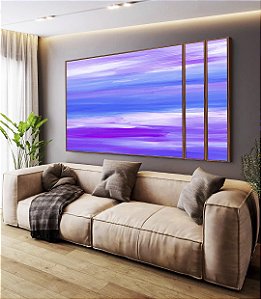 Trio de Quadros Estilizados Abstrato Roxo Lilás Azul Efeito Pintura Canvas Moldura