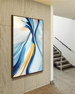 Quadro Vertical Abstrato Azul Amarelo Rosa Arte Fluida Canvas Moldura
