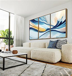 Trio de Quadros Abstrato Azul Amarelo Rosa Arte Fluida Canvas Moldura