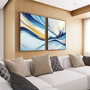 Duo de Quadros Abstrato Azul Amarelo Rosa Arte Fluida Canvas Moldura