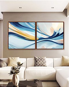 Duo de Quadros Quadrados Abstrato Azul Amarelo Rosa Arte Fluida Canvas Moldura