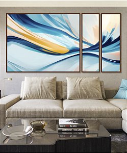 Trio de Quadros Estilizados Abstrato Azul Amarelo Rosa Arte Fluida Canvas Moldura