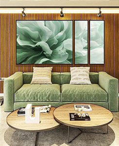Trio de Quadros Estilizados Folhas Abstratas Ondas Verde Turquesa Canvas Moldura