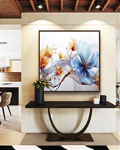 Quadro Quadrado Flores Delicadas Laranja e Azul Arte Fluida Canvas Moldura