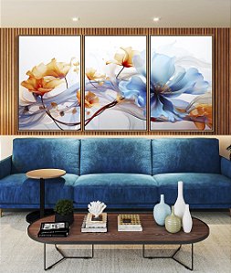 Trio de Quadros Flores Delicadas Laranja e Azul Arte Fluida Canvas Moldura