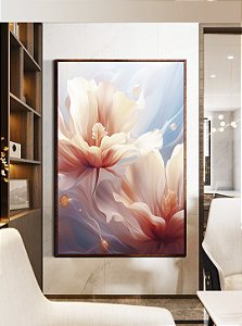Quadro Vertical Flores Brancas Rosas Azul Arte Fluida Canvas Moldura
