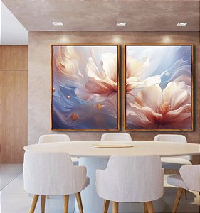 Duo de Quadros Flores Brancas Rosas Azul Arte Fluida Canvas Moldura