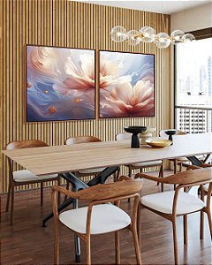 Duo de Quadros Quadrados Flores Brancas Rosas Azul Arte Fluida Canvas Moldura
