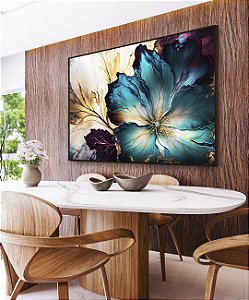 Quadro Horizontal Flor Artística Azul Turquesa Dourado Roxo Canvas Moldura