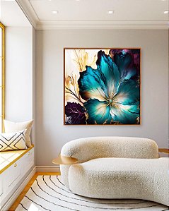 Quadro Quadrado Flor Artística Azul Turquesa Dourado Roxo Canvas Moldura