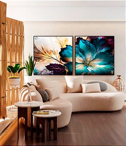 Duo de Quadros Quadrados Flor Artística Azul Turquesa Dourado Roxo Canvas Moldura