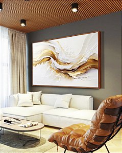 Quadro Horizontal Abstrato Branco Dourado Arte Fluida Canvas Moldura