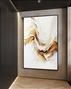 Quadro Vertical Abstrato Branco Dourado Arte Fluida Canvas Moldura