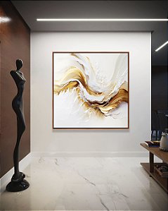 Quadro Quadrado Abstrato Branco Dourado Arte Fluida Canvas Moldura