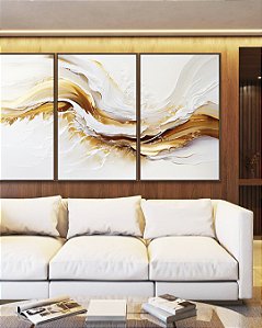 Trio de Quadros Abstrato Branco Dourado Arte Fluida Canvas Moldura