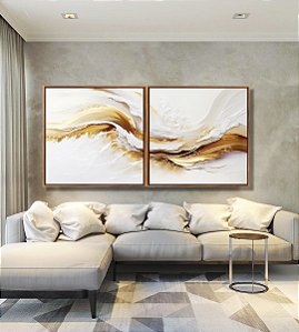 Duo de Quadros Quadrados Abstrato Branco Dourado Arte Fluida Canvas Moldura