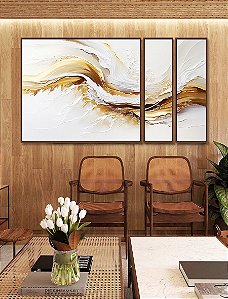Trio de Quadros Estilizados Abstrato Branco Dourado Arte Fluida Canvas Moldura