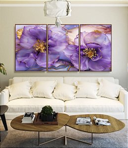 Trio de Quadros Flores Rosa Roxo Dourado Arte Fluída Canvas Moldura