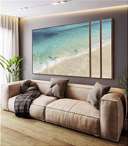 Trio de Quadros Estilizados Mar Azul Turquesa Paradisíaco Praia Branca Natureza Canvas Moldura